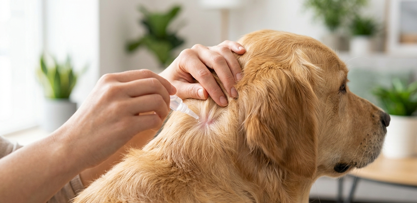 нанесение капель от клещей на холку золотистого ретривера