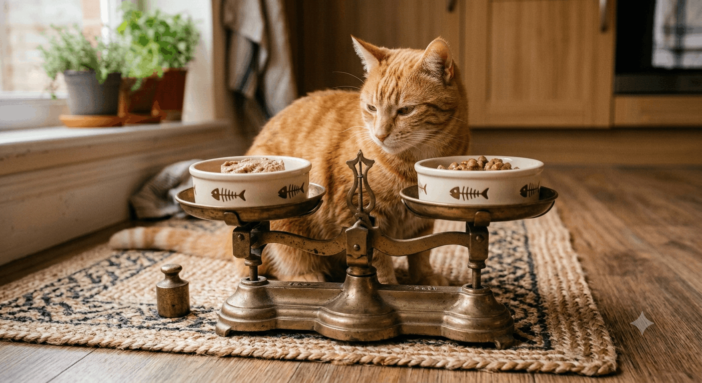кошка выбирает между сухим кормом и паштетом
