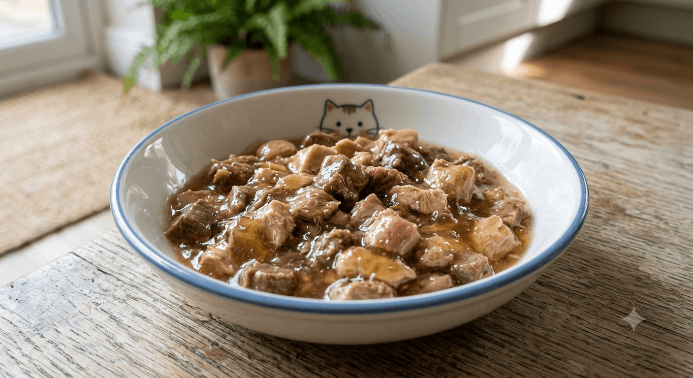 аппетитные  мясные кусочки в кошачьем корме