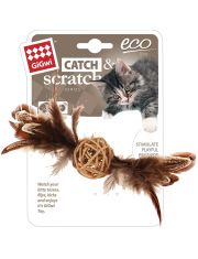 Игрушка для кошек GiGwi Catch & Scratch Eco Плетённый мячик с колокольчиком и перьями