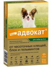 Капли для собак Адвокат® массой от 1 до 4кг, на холку от чесоточных клещей, блох и глистов