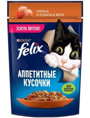 Влажный корм для кошек Felix Аппетитные кусочки с курицей и томатами в желе