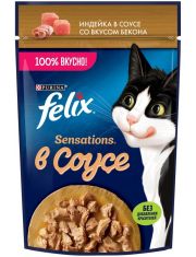 Влажный корм для кошек Felix Sensations с индейкой со вкусом бекона в соусе