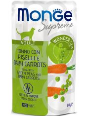 Влажный корм для кошек Monge Supreme Adult cat Тунец с зелёным горошком и мини-морковью
