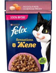 Влажный корм для кошек Felix Sensations с лососем и добавлением трески в желе