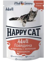 Влажный корм для кошек Happy Cat Adult Кусочки в желе Говядина и печень с зеленым горошком