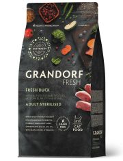 Сухой Беззерновой корм Grandorf Fresh с живыми пробиотиками. Для взрослых стерилизованных или пожилых кошек,со свежим мясом утки и бататом