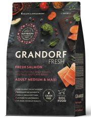 Сухой Беззерновой корм Grandorf Fresh с живыми пробиотиками для взрослых собак средних и крупных пород, для здоровья кожи и шерсти или склонных к аллергии, филе свежего лосося и батат