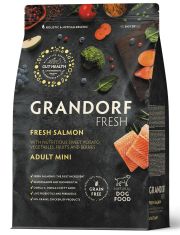 Сухой Беззерновой корм  Grandorf Fresh с живыми пробиотиками для взрослых собак мелких пород, для здоровья кожи и шерсти или склонных к аллергии,свежее филе лосося с бататом