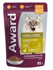 Влажный корм для кошек AWARD Hairball & Indoor для выведения шерсти в виде кусочков в соусе с уткой