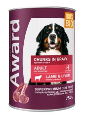 Консервы для собак AWARD в виде кусочков в соусе с ягненком и печенью