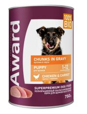 Консервы для щенков AWARD в виде кусочков в соусе с курицей и морковью