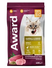 Сухой корм для кошек AWARD Hairball & Indoor для выведения шерсти с уткой и индейкой с добавлением чечевицы и юкки Шидигера