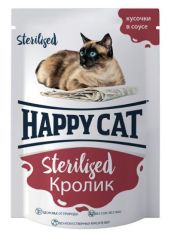 Влажный корм для кошек Happy Cat стерилизованных кошек и кастрированных котов, с кроликом, кусочки в соусе