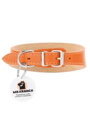 Ошейник-селедка Mr.Kranch для собак из натуральной кожи с QR-адресником,оранжевый
