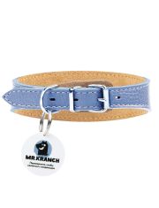 Ошейник-селедка Mr.Kranch для собак из натуральной кожи с QR-адресником, васильковый